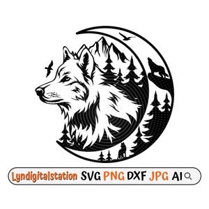 May include: Black and white silhouette of a wolf's head inside a crescent moon with a mountain and forest scene behind it.