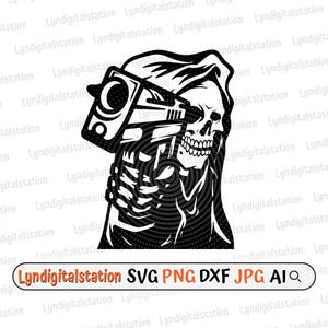 La Faucheuse avec pistolet Svg | Clipart ange | Fichier Death Cut | Pochoir Faucheuse | T-shirt Halloween | Symbole de la mort Dxf | Squelette png