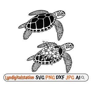 Sea Turtle Svg | Floral Turtle Clipart | Sea Animal Cut File | Tropical Animal Stencil | 2 Turtle Tshirt Design | Reptile Dxf | Tortoise Png