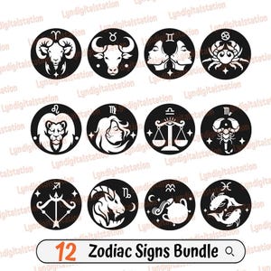 12 pakietów znaków zodiaku Svg | Clipart astrologiczny | Plik do cięcia znaku astrologicznego | Szablon gwiazdy niebieskiej | Projekt koszulki ze znakami urodzeniowymi | Dxf | Png