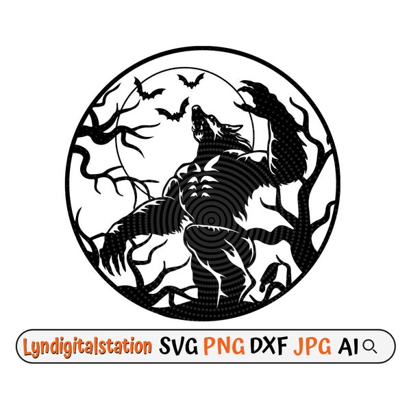 Werewolf Svg | Mythical Creature Clipart | Wolf Man Cut File | Monster Stencil | Horror T-shirt Design | Howling Werewolf Dxf | Bats Png