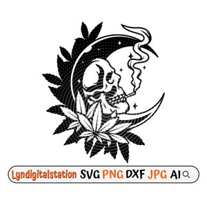 Könnte beinhalten: Schwarz-weiß-Illustration eines Schädels, der eine Zigarette in einem Halbmond mit Marihuanablättern raucht.