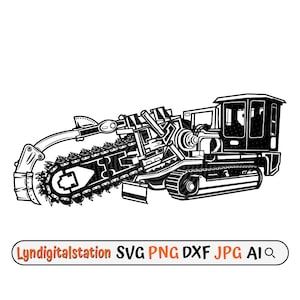 May include: Black and white illustration of a tracked trenching machine with a large rotating cutter head. The machine is shown in profile view with the cutter head in the foreground.