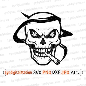 May include: Black and white skull graphic with cannabis leaf eyes, wearing a bandana and smoking a cigarette. The image includes the text "Lyndigitalstation SVG PNG DXF JPG AIQ".