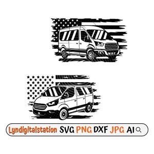 Peut inclure: Illustration en noir et blanc d'une camionnette devant un drapeau américain usé. La camionnette a une porte latérale et des fenêtres. Le drapeau est déchiré et a un effet grunge.