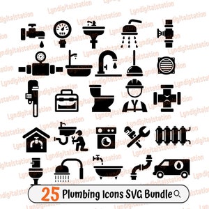 25 Plumbing Icon Bundles Svg | Plumbing Clipart | Plumber Cut File | Plumbing Equipment Stencil | Plumbing Services shirt Design | Dxf | Png