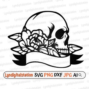 May include: A monochrome graphic featuring a skull intertwined with flowers and a banner. The skull has detailed shading, and the flowers are intricate. The banner is blank, and the image includes the text "Lyndigitalstation SVG PNG DXF JPG AI".