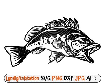 Bass Fish Svg | Fishes Clipart |Fish Cut File | Big mount Fish Stencil | Fishing T-shirt Design | Aquatic Marine Life Dxf | Bass Fishing PNG