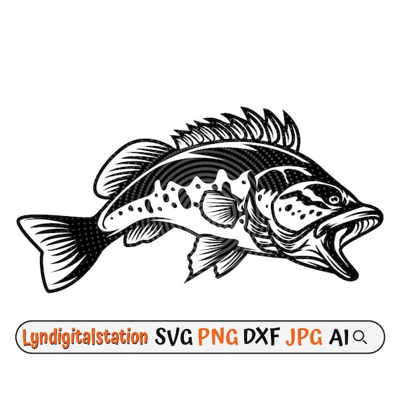 Bass Fish Svg | Fishes Clipart |Fish Cut File | Big mount Fish Stencil |  Fishing T-shirt Design | Aquatic Marine Life Dxf | Bass Fishing PNG