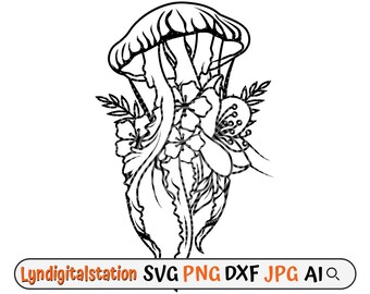 Jelly fish floral svg, underwater sea creature dxf, marine bio life clipart, jellies cut file, salt tropical island vibes t-shirt design png