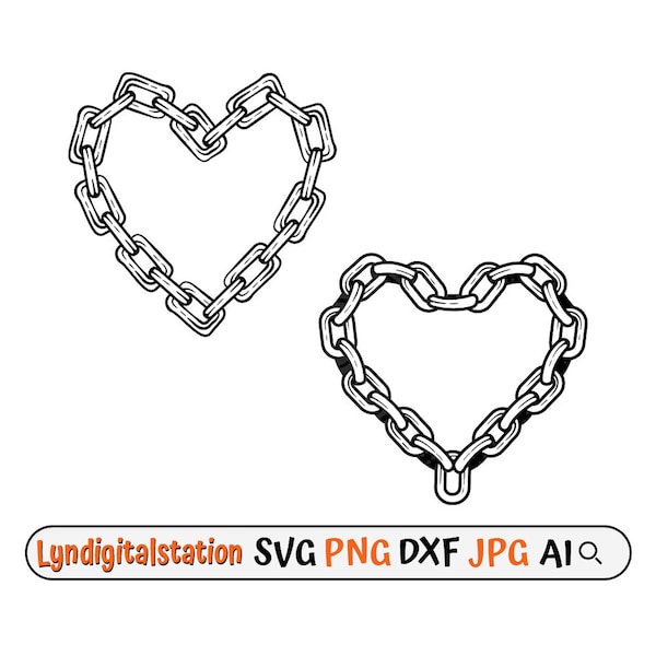 Chain Heart Svg | Chain Clipart | Love Chain Cut File | Two Heart Chain Stencil | Heart Shaped Metal Chain T-shirt Design | Chain Dxf | Png