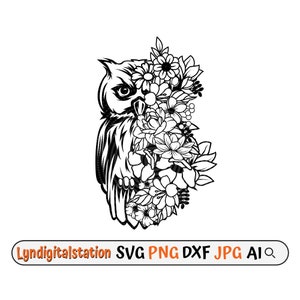 Puede incluir: Ilustración en blanco y negro de línea de un búho con flores que lo rodean. El búho mira hacia la izquierda y tiene un diseño detallado. Las flores son de varias formas y tamaños.