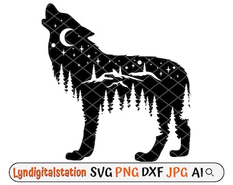 Howling Wolf Svg | Wolf Clipart | Wolf Cut File | Moon Wolf Stencil | Howling Wolf T-shirt Design | Wild Life Dxf | Howling Night Animal PNG