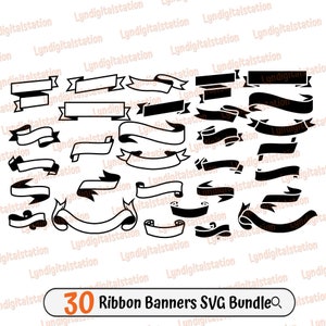 30 Ribbon Banners Bundles Svg | Ribbon Clipart | Banner Cut File | Border Stencil | Decorative T-shirt Design | Dxf | Png