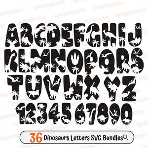 36 Dinosaurs Alphabet Bundles Svg | Alphabet Clipart | Pre-Historic Animal Cut File | Numbers Stencil | Dino Theme Tshirt Design | Dxf | Png