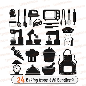 24 Baking Icons Bundles Svg | Baking Recipe Clipart | Baking Utensils Cut File | Baking Equipment Stencil | Baker T-shirt Design | Dxf | Png