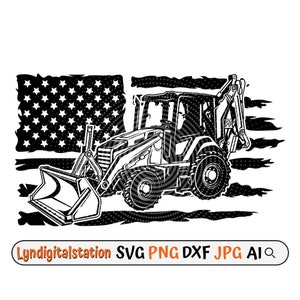 Puede incluir: Ilustración en blanco y negro de una retroexcavadora sobre un fondo de bandera estadounidense estilizada. La imagen presenta el texto "Lyndigitalstation SVG PNG DXF JPG AI". La retroexcavadora está detallada con su cuchara y brazo.