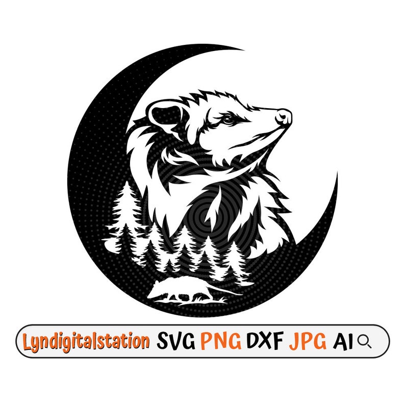 May include: Black and white silhouette of an opossum's head inside a crescent moon with a forest scene behind it.