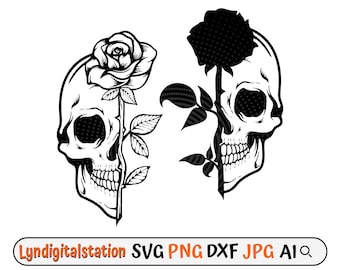 Rose Skull Svg | Half Face Rose Skull Clipart | Rose Skeleton Face Cut File | Floral Skull Stencil | Floral Skull T-shirt Design | Dxf | Png