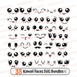 35 Kawaii Faces Bundles Svg | Cartoon Faces Clipart | Emoticons Cut File | Facial Expression Stencil | Kawaii Faces shirt Design | Dxf | Png