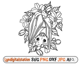 Bloemenvleermuis Svg | Bloem vleermuis Clipart | Vleermuis gesneden bestand | Bloemenstencil | T-shirtontwerp voor Halloween | Hangende vleermuis met bloem Dxf | gotische png