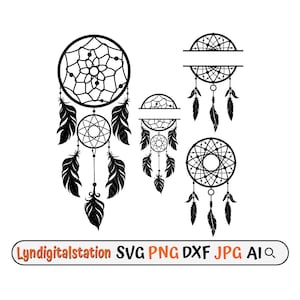 Puede incluir: Un conjunto de cuatro archivos de corte SVG de atrapasueños en blanco y negro. Los atrapasueños presentan un diseño circular con un patrón de telaraña y plumas. Los archivos son perfectos para manualidades y decoración.