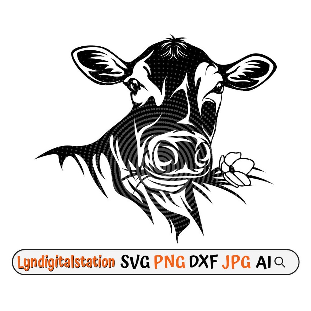 Cow Eating Grass Svg Cow With Flower Clipart Cow Cut File Etsy