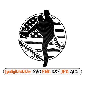 May include: Black and white silhouette of a baseball pitcher throwing a ball, with an American flag design in the background. The pitcher is in a throwing motion, with their arm extended and their leg raised. The American flag is in the background, with red and white stripes and white stars on a blue field.