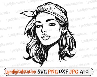 Może przedstawiać: Czarno-biała ilustracja kobiety z falującymi włosami i bandaną. Obraz zawiera tekst "Lyndigitalstation SVG PNG DXF JPG AI".