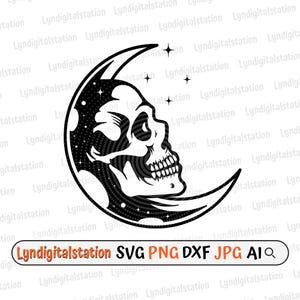May include: Black and white illustration of a skull within a crescent moon, with stars. The image includes the text "Lyndigitalstation SVG PNG DXF JPG AI".