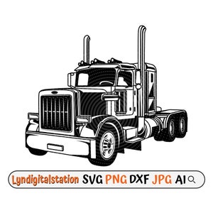 May include: Black and white line art illustration of a semi-truck. The truck has a large cab with a detailed front grille and two large exhaust pipes. The truck has a trailer hitch and two sets of rear wheels.