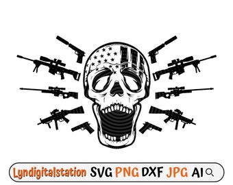 US Death Skull Svg / Skull with Guns Clipart / Dead Skull Warrior Cut File / Killer Stencil / US Skull T-shirt Design / Dead Head Dxf / Png