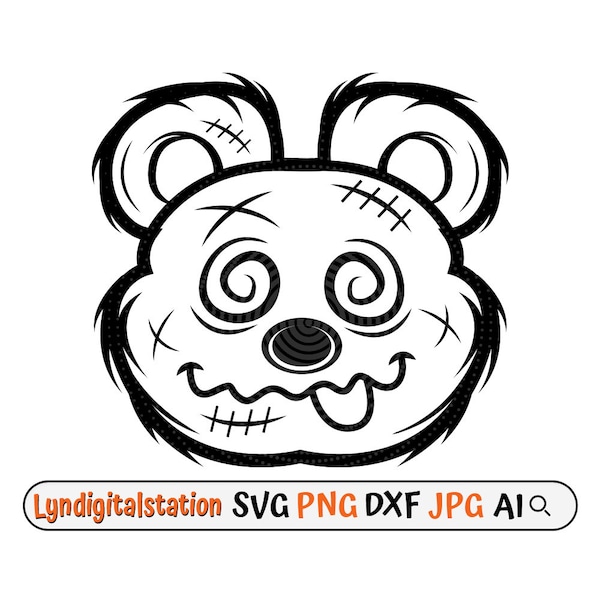 Dizzy Teddy Svg | Teddy Face Clipart | Mafia Bear Cut File | Stitched Teddy Stencil | Weak Bear T-shirt Design | Giddy Teddy Bear Dxf |  Png