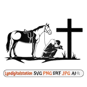 Kneeling Cowboy in the cross Svg | Praying Cowboy Clipart | Memorial Cross Cut File | Horse  Stencil | Cowboy shirt Design | Cross Dxf | Png