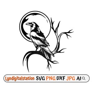 Raven Svg | Crow Clipart | Black Bird Cut File | Raven under a full moon Stencil | Halloween T-shirt Design | Gothic Tattoo Design Dxf | Png