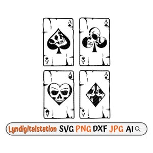 Karta czaszki Svg | Clipart Dead Deck of Cards | Plik do cięcia klubów i pik | Szablon serca i diamentu | Projekt koszulki Skull Ace Cards | Dxf | Png