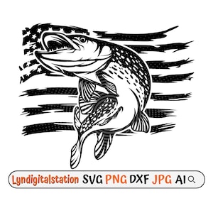 Amerikansk gädda Svg | Sportfiskare Pappa Gåva Clipart | Utomhusfiske Klippfil | Vattenlevande djur Schablon | Fiske T-shirt Design | Amerikansk flagga Dxf | Png