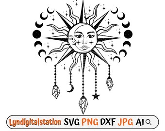 Mystical Sun and Moon Svg |Sun and Moon Clipart | Moon Cut File | Mystical Sun Stencil | Sun T-shirt Design |Mystical Moon Dxf |Mystical PNG