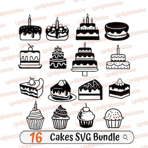16 Cake Bundles Svg | Birthday Cake Clipart | Cupcakes Cut File | Desserts Stencil | Slice Cake T-shirt Design | Layered Cake t Dxf | Png