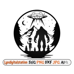 Bigfoot und Alien SVG | UFO Clipart | Bigfoot und Alien under the Moon Cut File | Yeti Schablone | Alien T-Shirt Design | Bigfoot Dxf | Png