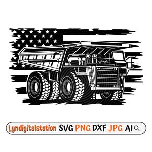 May include: Black and white silhouette of a dumper truck in front of an American flag. The truck has a large bed and four large tyres. The flag is distressed and has a grunge effect.