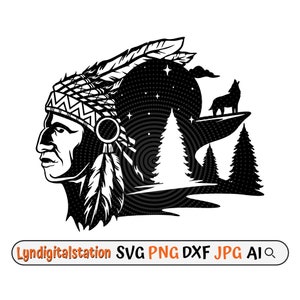 May include: Black and white silhouette of a Native American chief wearing a headdress with feathers, a wolf howling at the moon, and a pine tree in the background.
