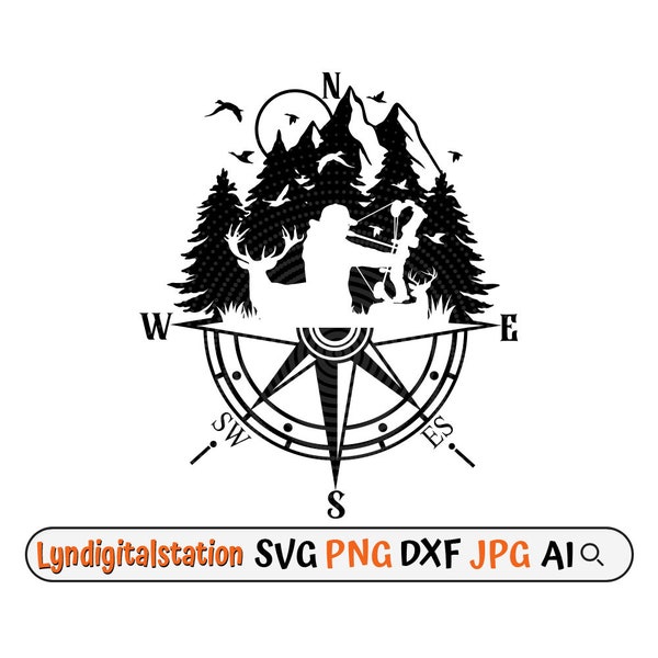 Bow Hunting Svg | Outdoor Hunting Compass Clipart | Deer Hunter Cut File | Deer Antler Stencil | Adventure Compass Tshirt Design | Dxf | Png
