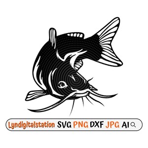 Può includere: Silhouette in bianco e nero di un pesce gatto con un motivo a spirale sul suo corpo. Il pesce gatto è rivolto a sinistra e ha la bocca aperta. Il pesce è in posizione di salto con la coda sollevata.