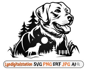 May include: Black and white silhouette of a Labrador Retriever dog's head with a forest scene behind it. The dog is looking to the right and has its mouth open. The forest scene includes trees, a fence, and a sun.