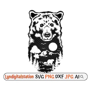 Bear outdoor scene svg, adventure awaits clipart, camping t-shirt design png, wild roar stencil, forest beast wilderness cut file, bear dxf