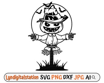Scare Crow Svg | Pumpkin Scare Crow Clipart | Halloween Cut File | Autumn Stencil | Farming T-shirt Design | Creepy Decoy Dxf | Bats Png