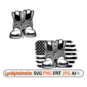 May include: Black and white illustration of a pair of military boots with dog tags, one pair is on a distressed American flag background.
