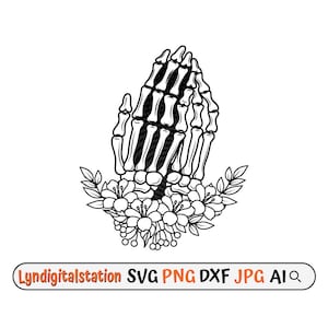 May include: Black and white line art illustration of a skeleton hand in a praying position with flowers surrounding the base of the hand.