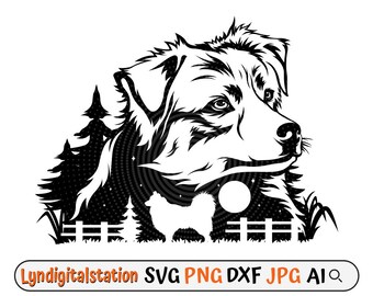 May include: Black and white silhouette of an Australian Shepherd dog's head with a forest and moon in the background.